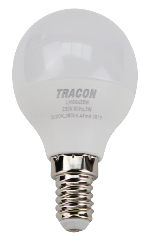 Tracon LMGS455W Gömb burájú LED fényforrás SAMSUNG chippel 230V,50Hz,5W,3000K,E14,430lm,180°,G45,SAMSUNG chip, EEI=F