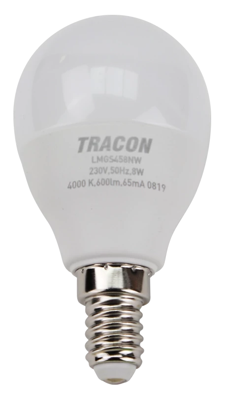 Tracon LMGS458NW Gömb burájú LED fényforrás SAMSUNG chippel 230V,50Hz,8W,4000 K,E14,720lm,180°,G45,SAMSUNG chip, EEI=F