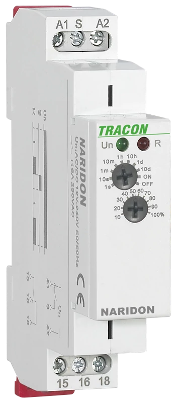 Tracon NARIDON Egyfunkciós (meghúzáskésleltetéses) időrelé AC/DC 12-240V, 0,1s-10d, 16A/AC1, 250VAC/24VDC