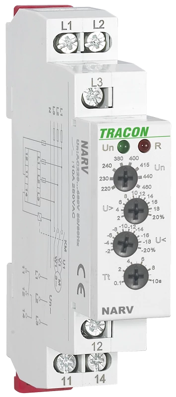 Tracon NARV Feszültségfigyelő relé 3 fázisra AC 220-460V, U> U< = +/-2-20%, t=0,1-10s, Asymm 8%