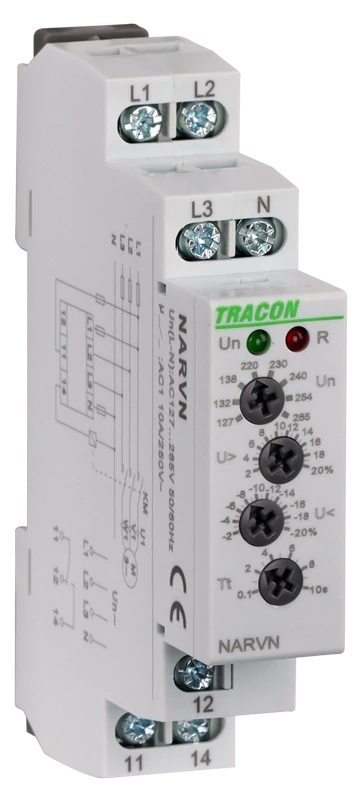 Tracon NARVN Feszültségfigyelő relé 3 fázisra AC 230V L-N, U>,< ,= +/-2-20%, t=0,1-10s, Asymm 8%