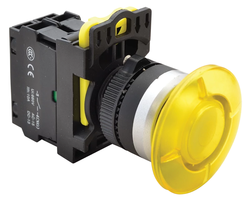 Tracon NYG3-MLY Gombafejű világító nyomógomb,sárga 1×NO, 5A/230V AC-15, 40mm, IP65, LED 230V AC/DC