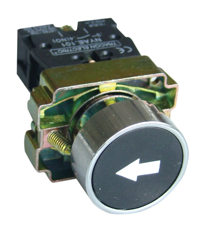 Tracon NYGBA3351T Tokozott jelölt nyomógomb, fémalap, fekete, (fehér nyíl) 1×NO, 3A/240V AC, IP44