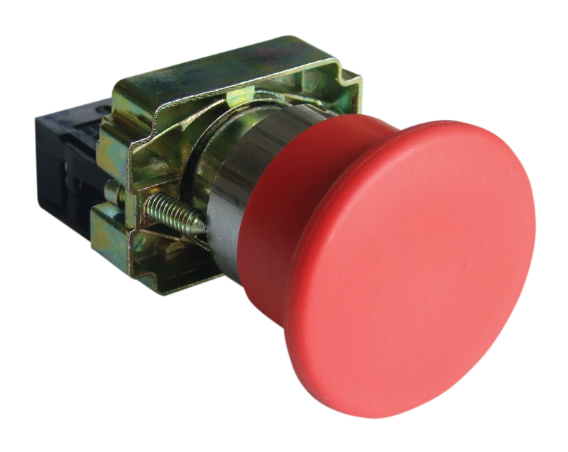 Tracon NYGBC42PTS Tok. gombafejű vésznyomógomb, fémalap,piros,sárga f.,nem ret 1×NC, 3A/400V AC, IP42, d=40mm