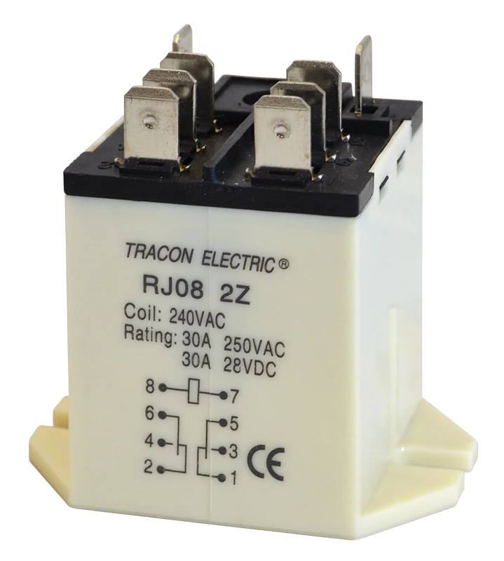 Tracon RJ08-110AC Nagyteljesítményű relé 110V AC / 2×CO (30A, 230V AC / 28V DC)