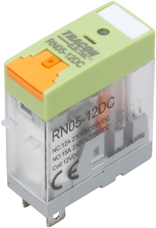 Tracon RN05-110DC Print relé tesztgombbal és állapotjelzéssel 110V DC / 1×CO (NC: 12A, NO: 15A, 230V AC / 30V DC)
