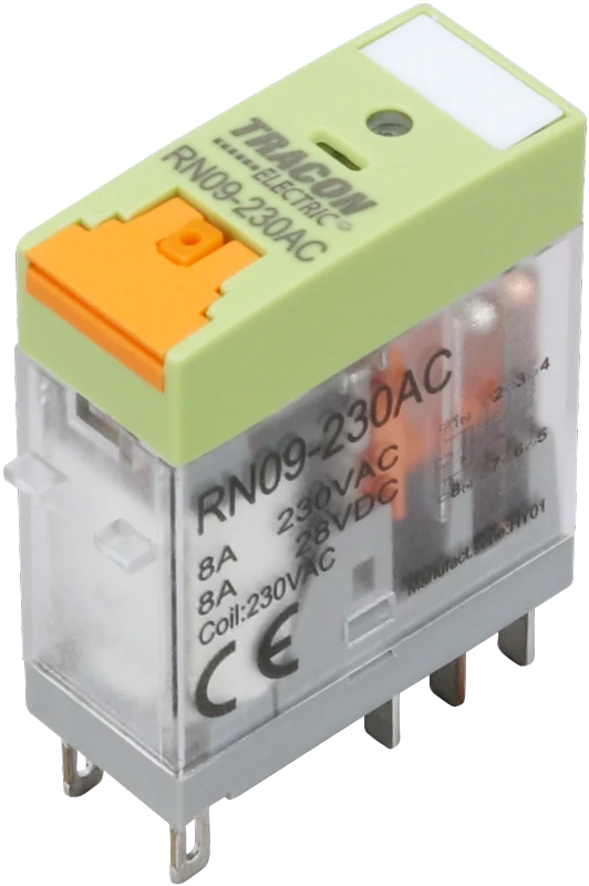 Tracon RN09-12DC Print relé tesztgombbal és állapotjelzéssel 12V DC / 2×CO (8A, 230V AC / 30V DC)