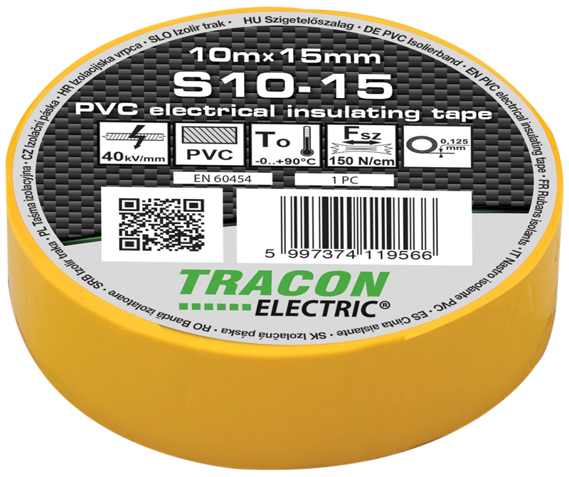 Tracon S10-15 Szigetelőszalag, sárga 10m×15mm, PVC, 0-90°C, 40kV/mm