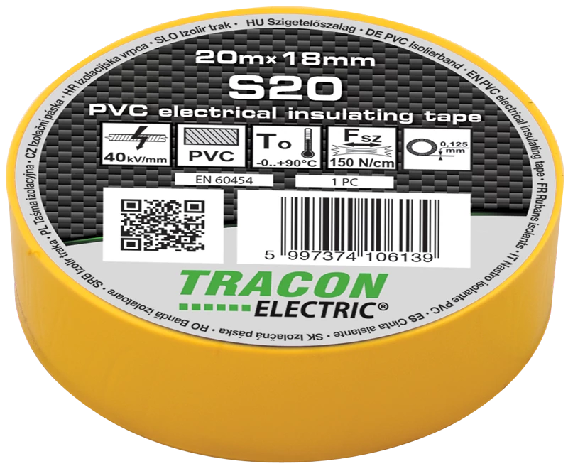 Tracon S20 Szigetelőszalag, sárga 20m×18mm, PVC, 0-90°C, 40kV/mm