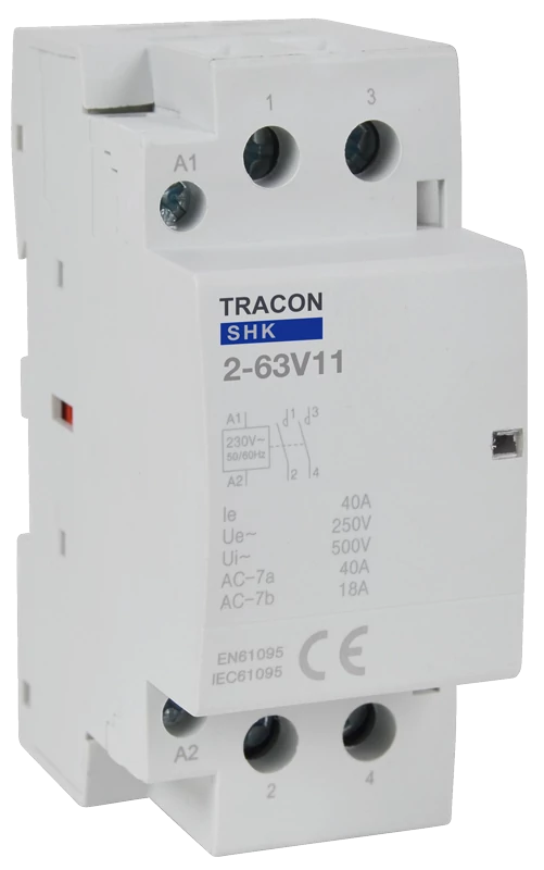 Tracon SHK2-63V11 Installációs kontaktor 230V AC, 50Hz, 2 Mod, 1×NO+1×NC, AC1/AC7a, 63A