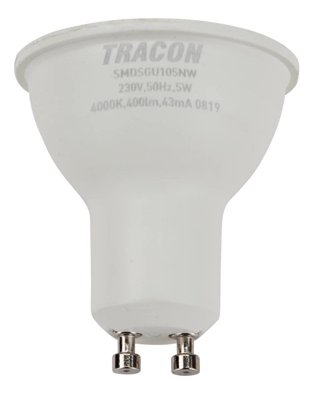 Tracon SMDSGU105NW Műanyag házas SMD LED spot fényforrás SAMSUNG chippel 230V,50Hz,GU10,5W,450lm,4000K,120°,SAMSUNG chip, EEI=F