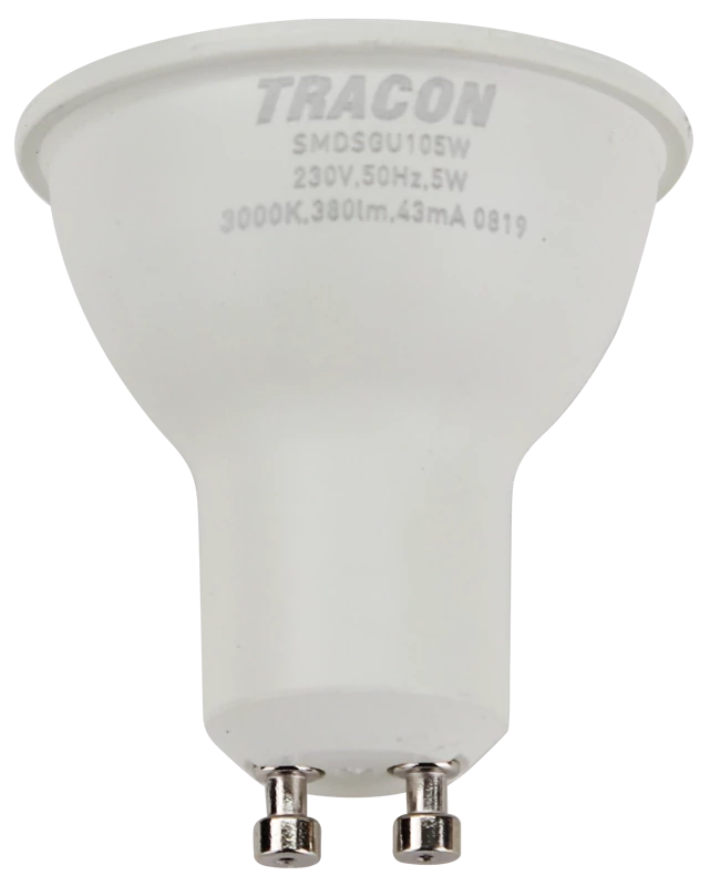 Tracon SMDSGU105W Műanyag házas SMD LED spot fényforrás SAMSUNG chippel 230V,50Hz,GU10,5W,430lm,3000K,120°,SAMSUNG chip, EEI=F