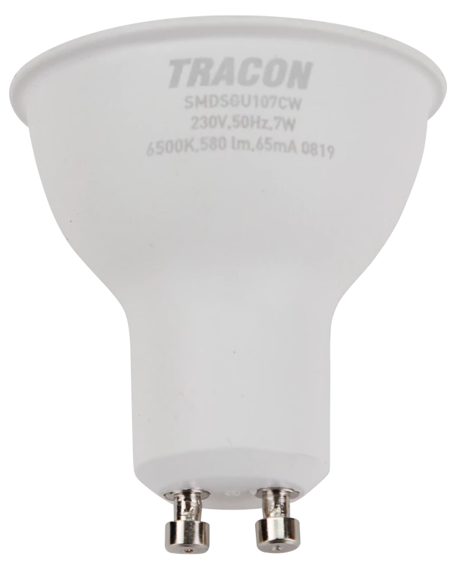 Tracon SMDSGU107CW Műanyag házas SMD LED spot fényforrás SAMSUNG chippel 230V,50Hz,GU10,7W,650lm,6500K,120°,SAMSUNG chip, EEI=F