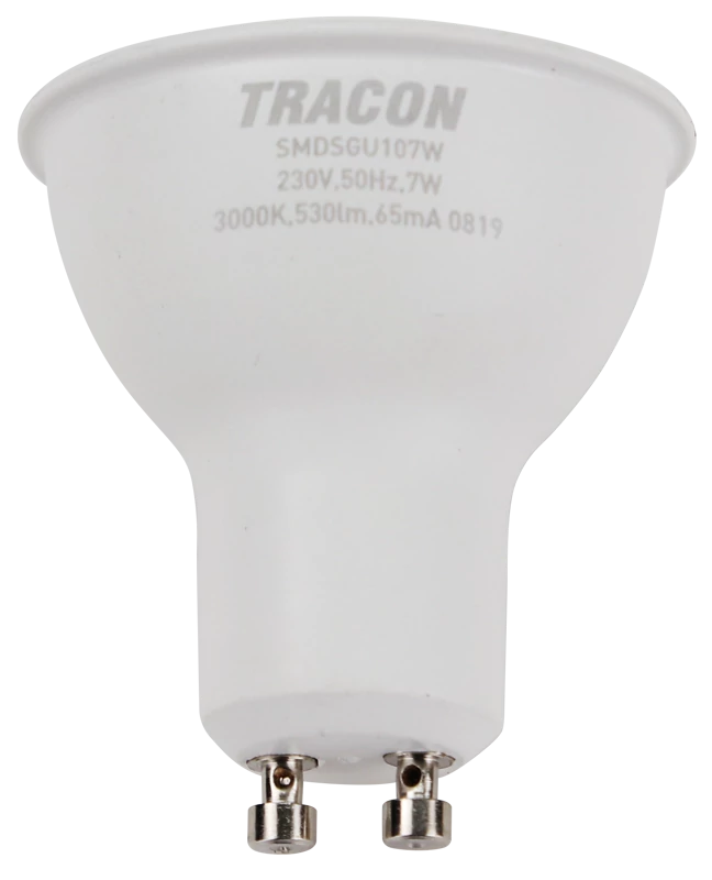 Tracon SMDSGU107W Műanyag házas SMD LED spot fényforrás SAMSUNG chippel 230V,50Hz,GU10,7W,600lm,3000K,120°,SAMSUNG chip, EEI=F