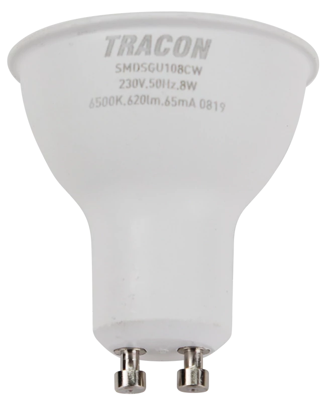 Tracon SMDSGU108CW Műanyag házas SMD LED spot fényforrás SAMSUNG chippel 230V,50Hz,GU10,8W,740lm,6500K,120°,SAMSUNG chip, EEI=F