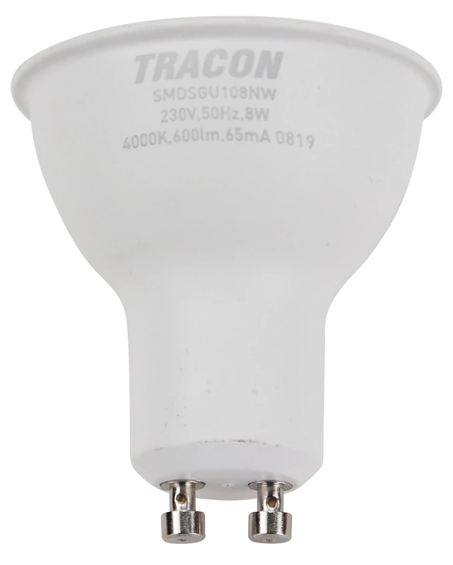 Tracon SMDSGU108NW Műanyag házas SMD LED spot fényforrás SAMSUNG chippel 230V,50Hz,GU10,8W,720lm,4000K,120°,SAMSUNG chip, EEI=F