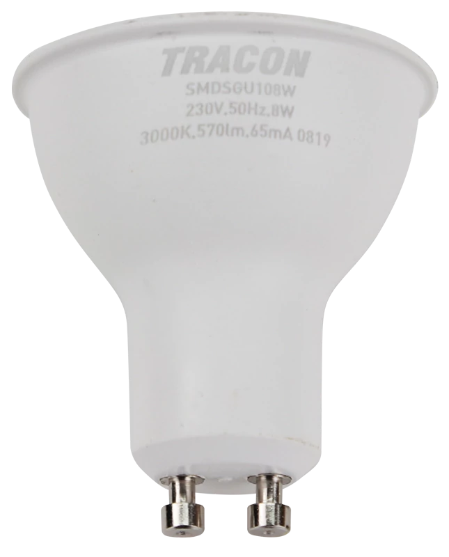 Tracon SMDSGU108W Műanyag házas SMD LED spot fényforrás SAMSUNG chippel 230V,50Hz,GU10,8W,710 lm,3000 K,120°,SAMSUNG chip, EEI=F