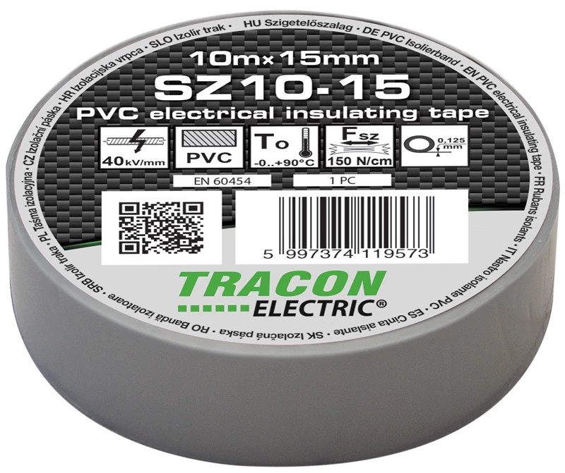 Tracon SZ10-15 Szigetelőszalag, szürke 10m×15mm, PVC, 0-90°C, 40kV/mm