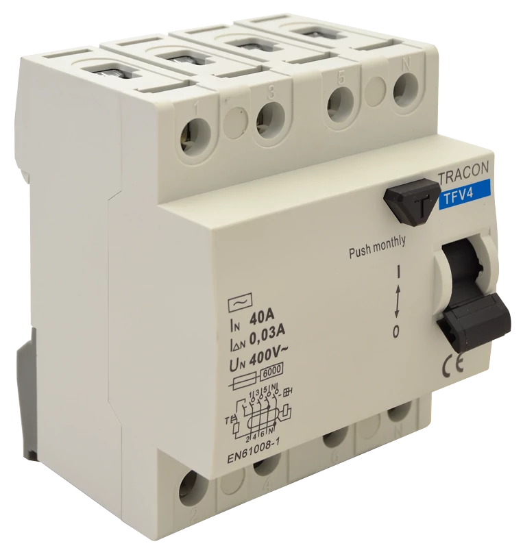 Tracon TFV4-25030 Áram-védőkapcsoló, 4 pólusú 25A, 30mA, 6kA, AC