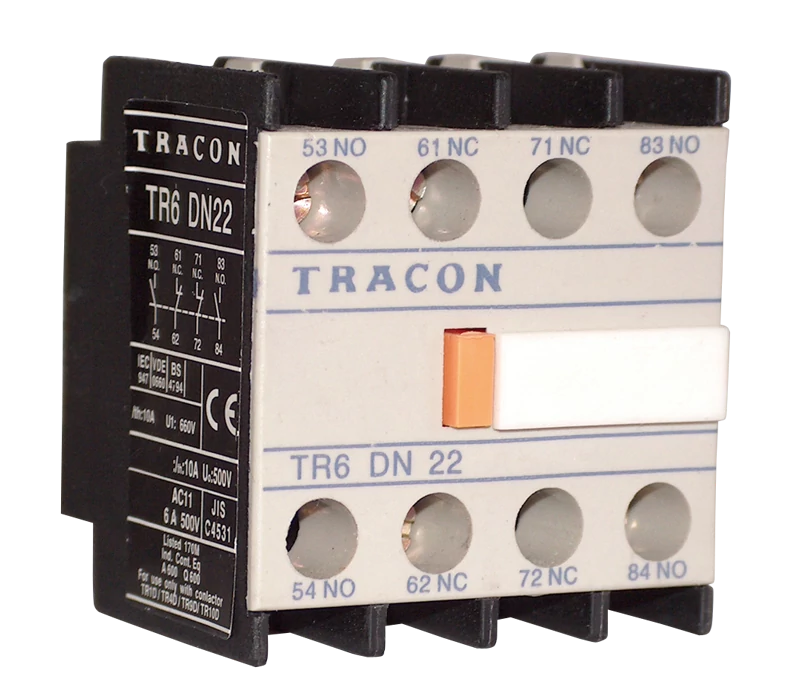 Tracon TR6DN04 Homlokoldali segédérintkező TR1D/F és TR1E kontaktorokhoz 230V, 50Hz, 2A, 4×NC