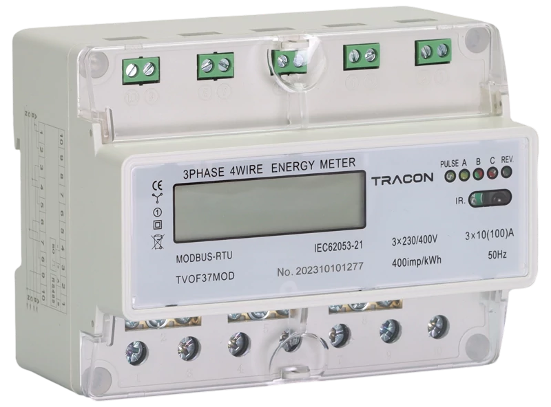 Tracon TVOF37MOD LCD kijelzésű fogyasztásmérő,közvetlen, MODBUS, 3F, 7 modul 400VAC / 10(100)A