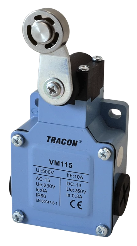 Tracon VM115 Helyzetkapcsoló, lengőkar-görgő fémházas 1xNO+1xNC, 6A/230V AC-15, 0,3A/250V DC-13, IP66