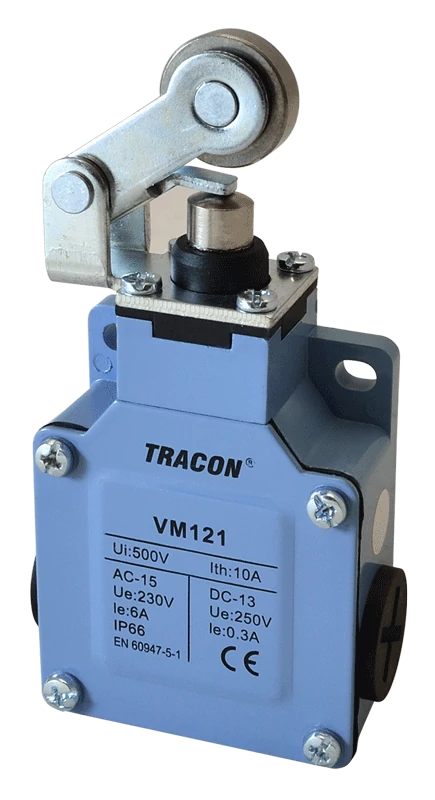 Tracon VM121 Helyzetkapcsoló, karos-görgős fémházas 1xNO+1xNC, 6A/230V AC-15, 0,3A/250V DC-13, IP66