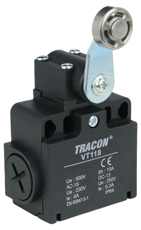 Tracon VT118 Helyzetkapcsoló, lengőkar-görgö 1xNO+1xNC, 6A/230V AC-15, 0,3A/250V DC-13, 28mm, IP65