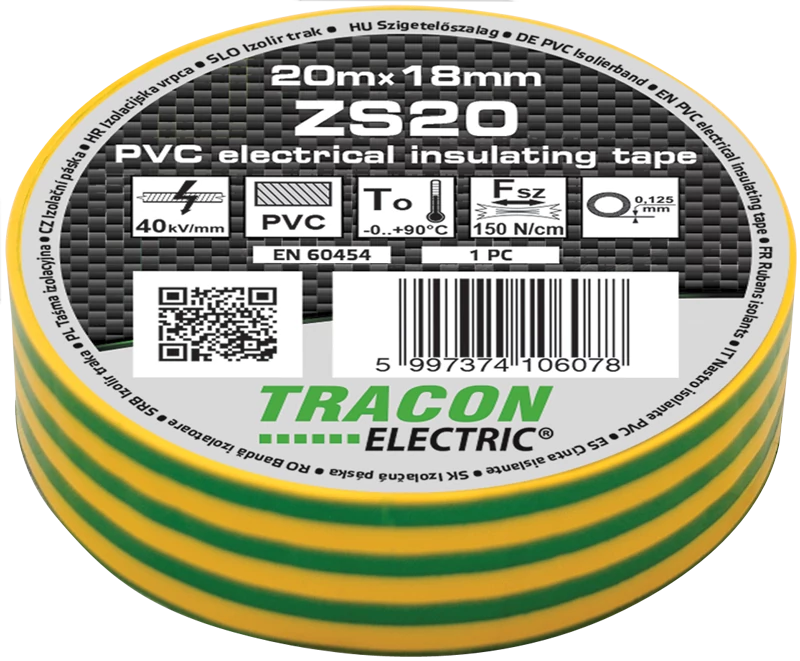 Tracon ZS20 Szigetelőszalag, zöld/sárga 20m×18mm, PVC, 0-90°C, 40kV/mm