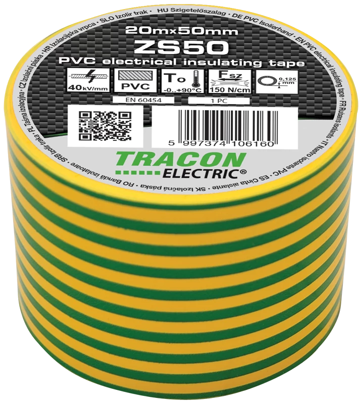 Tracon ZS50 Szigetelőszalag, zöld-sárga 20m×50mm, PVC, 0-90°C, 40kV/mm