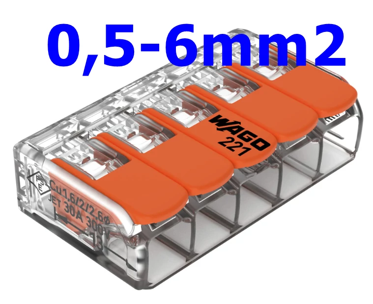 WAGO 221-615 Vezetékösszekötő oldható 41A/450V leágazás 5x 0,5-6mm2 átlátszó